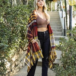 Tartan Check Pocket Frayed Edge Ruana Wrap